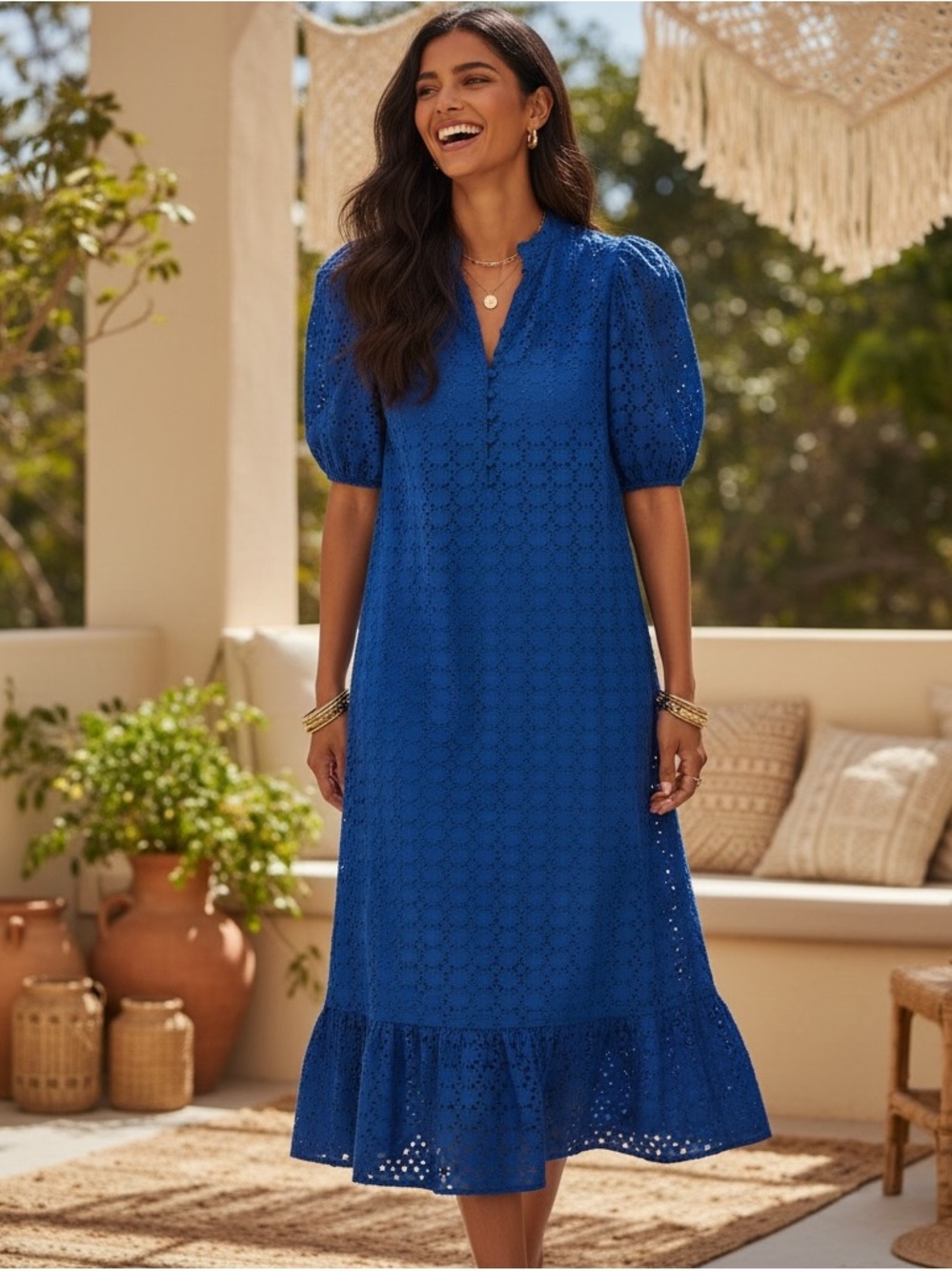 XXS Tuckernuck Hyacinth House Royal Blue Eyelet Midi Tryall Dress